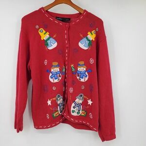In Resource Vintage Snowman Beaded Christmas Cardigan Sweater L 90s Nostalgia